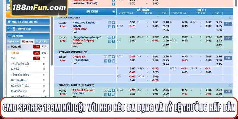 CMD Sports 188M nổi bật với kho kèo đa dạng và tỷ lệ thưởng hấp dẫn
